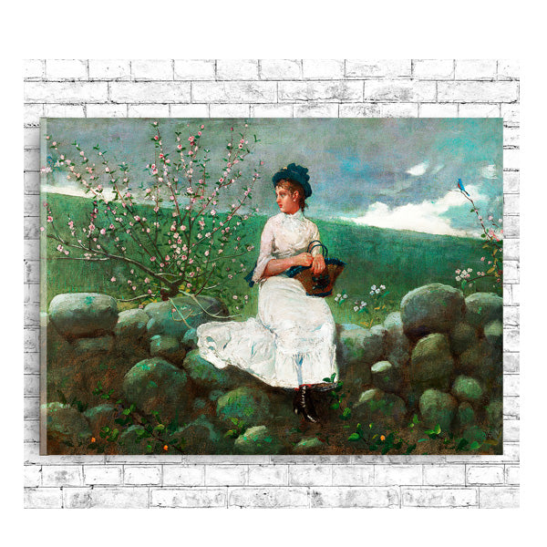 A framed print of a painting depicting a person seated on a stone wall with peach blossoms in the background, offered in various mounting options.