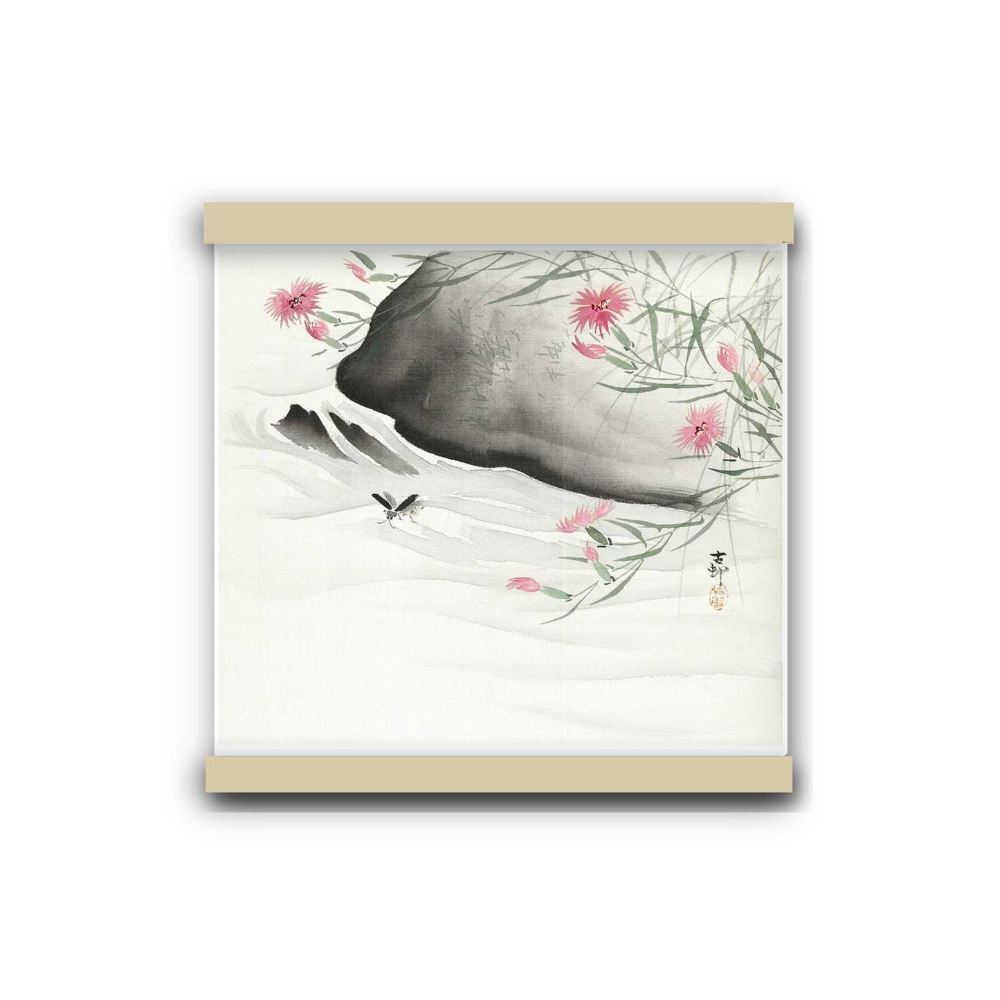 Plants with pink flowers by the river (1877-1945) by Ohara Koson | Hanging Canvas Art | Choice of Board Colors