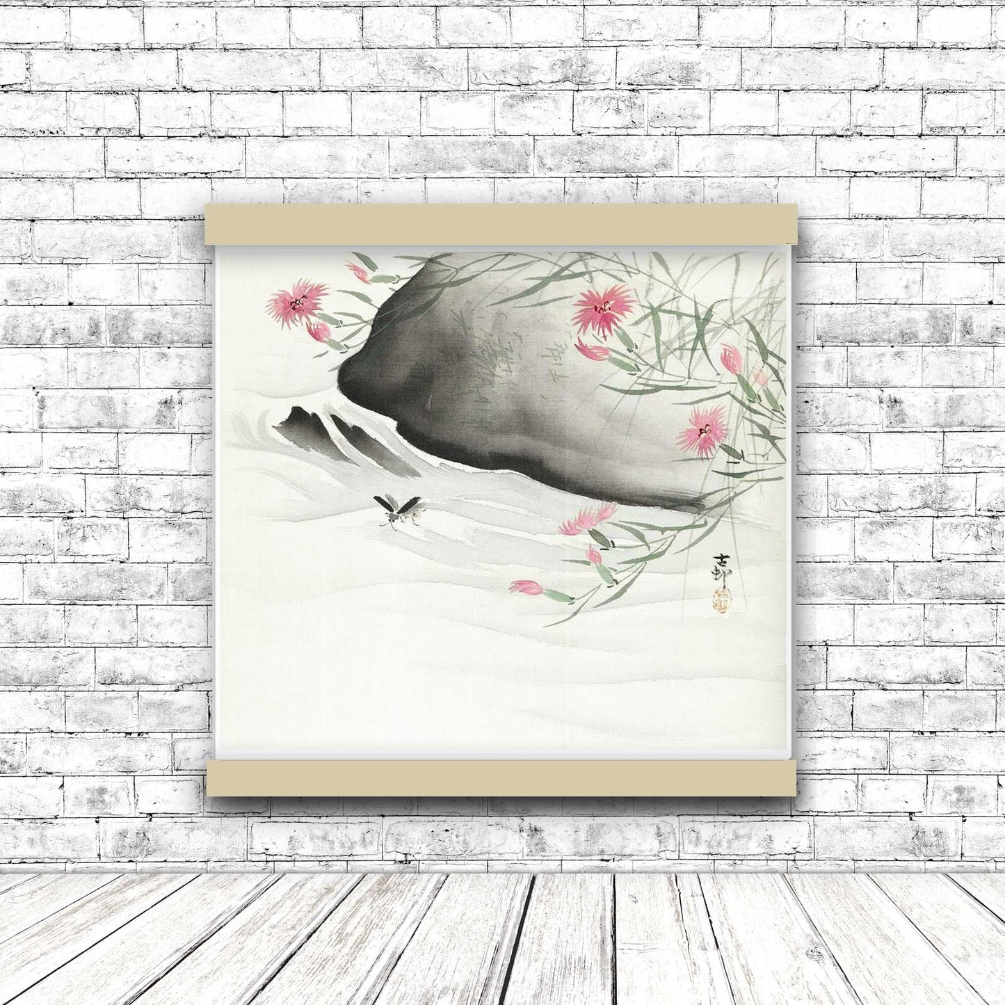 Plants with pink flowers by the river (1877-1945) by Ohara Koson | Hanging Canvas Art | Choice of Board Colors
