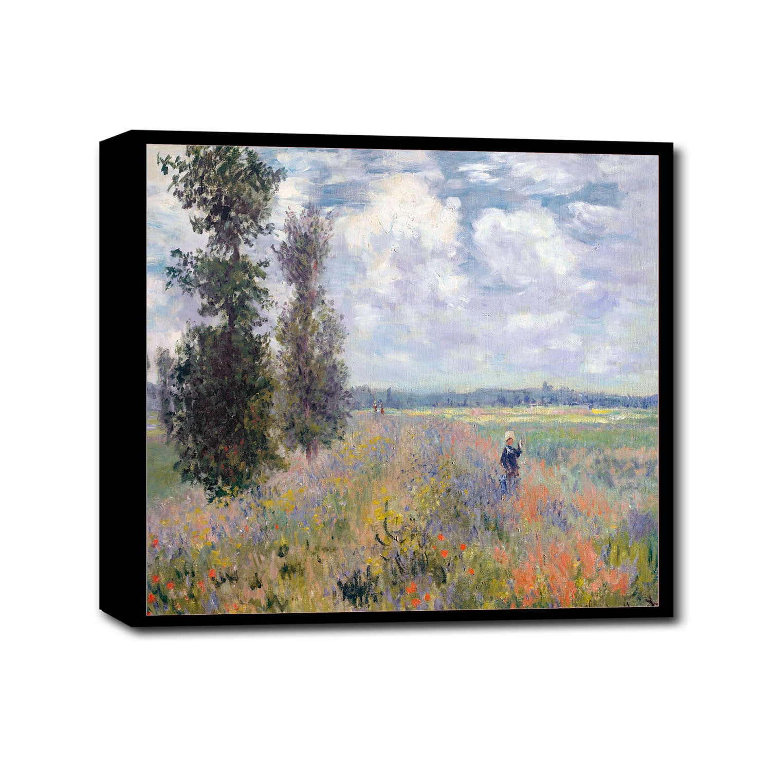 A framed print of a painting depicting a field with poppy flowers and a figure in the distance, styled in the Impressionist manner.