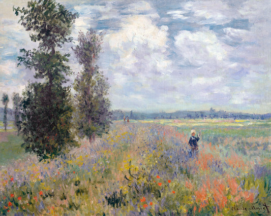 A framed print of a painting depicting a field with poppy flowers and a figure in the distance, styled in the Impressionist manner.