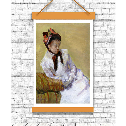A framed print of a portrait painting featuring a woman seated in a chair, wearing a white dress and a decorative hat, with a plain black frame.