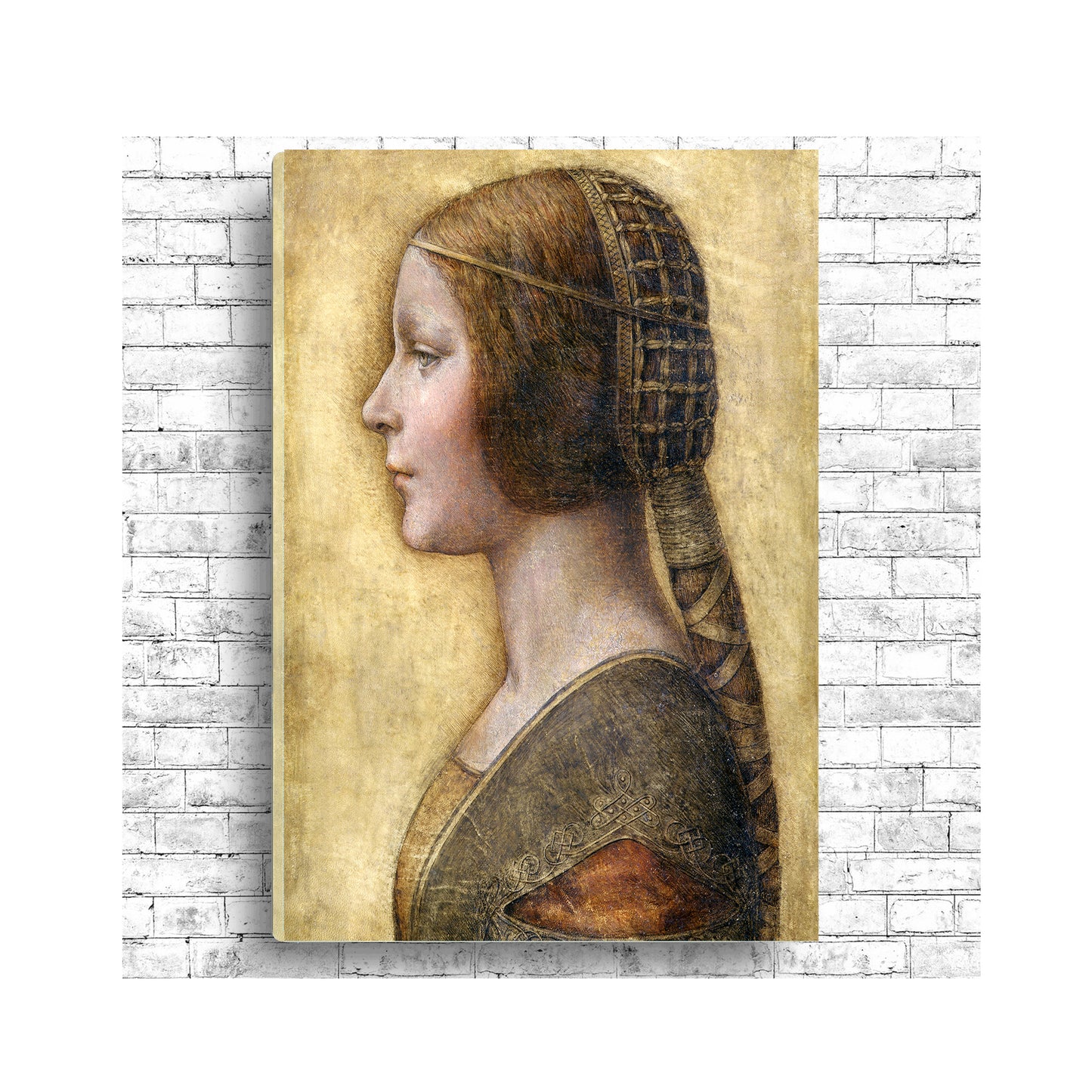 A framed print of 'Profile of a Young Fiancée' by Leonardo Di Vinci, depicting a portrait of a woman in profile wearing a detailed headdress.