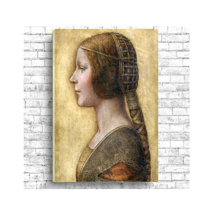 A framed print of 'Profile of a Young Fiancée' by Leonardo Di Vinci, depicting a portrait of a woman in profile wearing a detailed headdress.