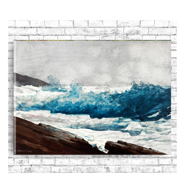 A framed print of a Winslow Homer painting depicting a breaking wave with a landscape in the background.