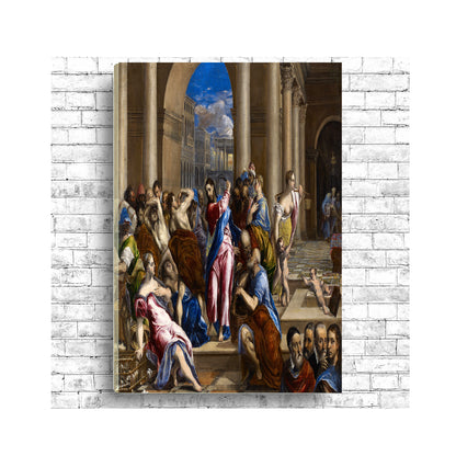 A printed art piece depicting a historical painting scene with multiple figures, framed in a black frame, displayed against a white brick wall background.