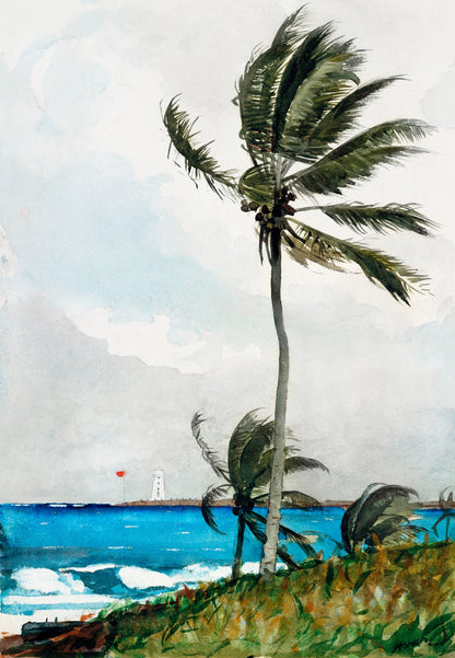 A framed print of a painting featuring a palm tree by the sea with a lighthouse in the distance.