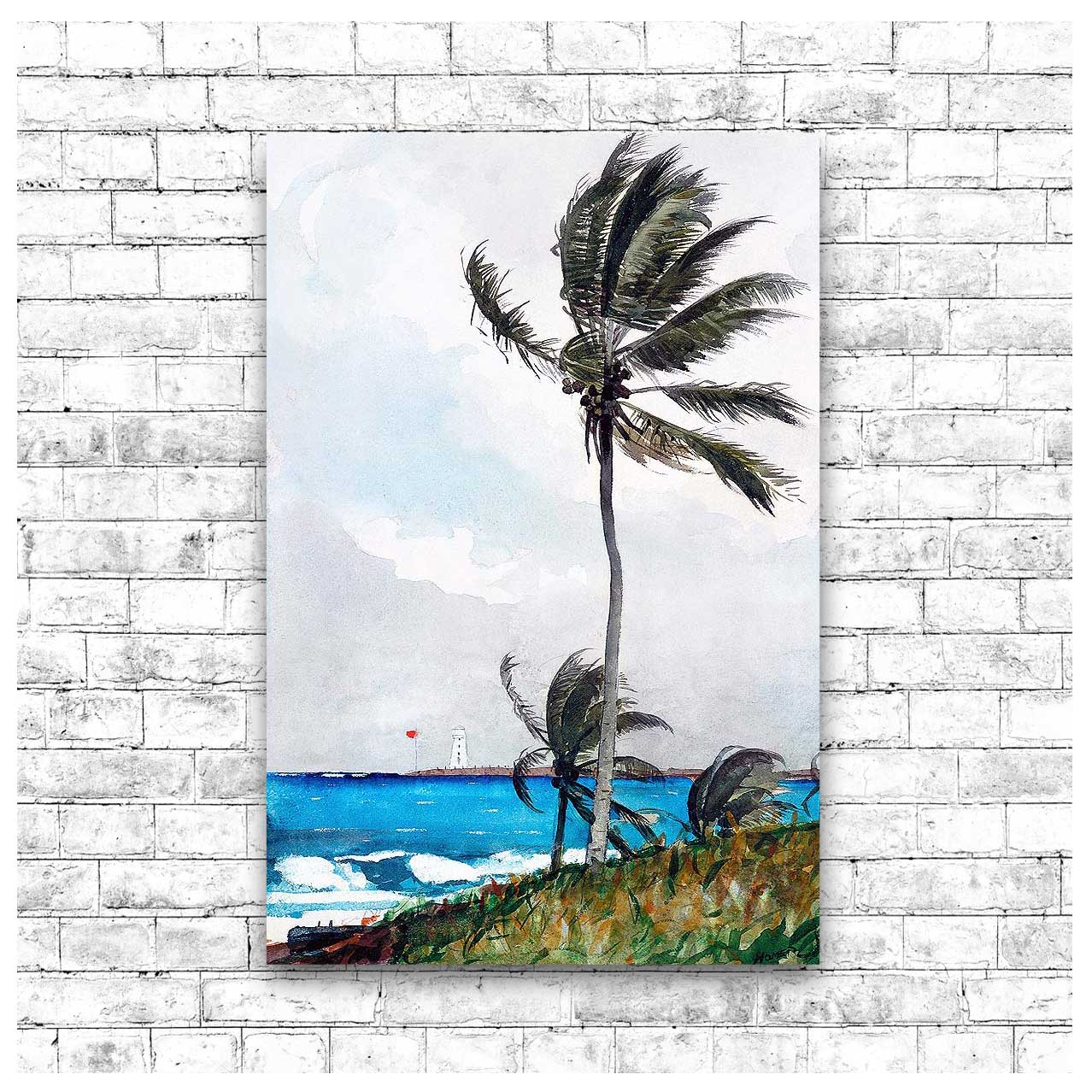 A framed print of a painting featuring a palm tree by the sea with a lighthouse in the distance.