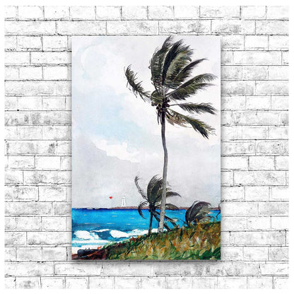A framed print of a painting featuring a palm tree by the sea with a lighthouse in the distance.