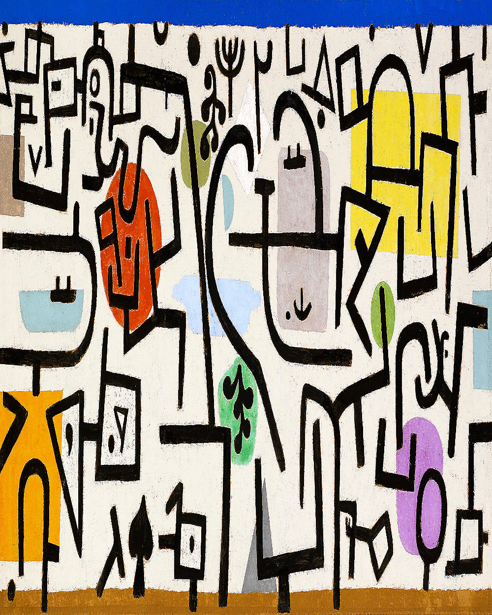 A framed artwork featuring an abstract composition with various geometric shapes and human-like figures in multiple colors, predominantly black, white, red, and yellow.