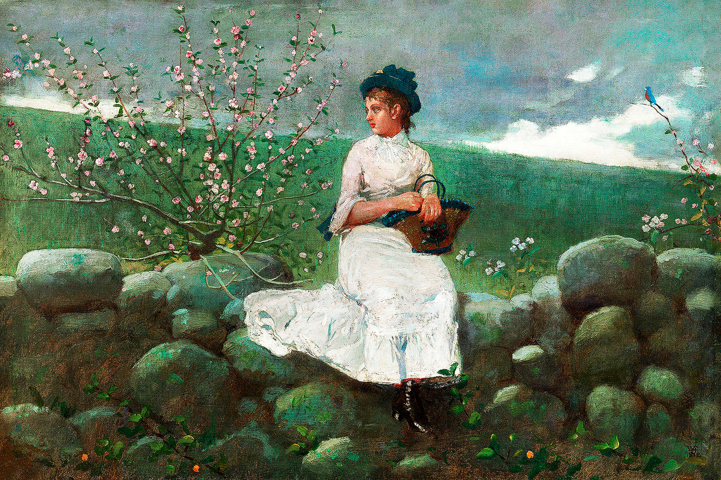 A framed print of a painting depicting a person seated on a stone wall with peach blossoms in the background, offered in various mounting options.