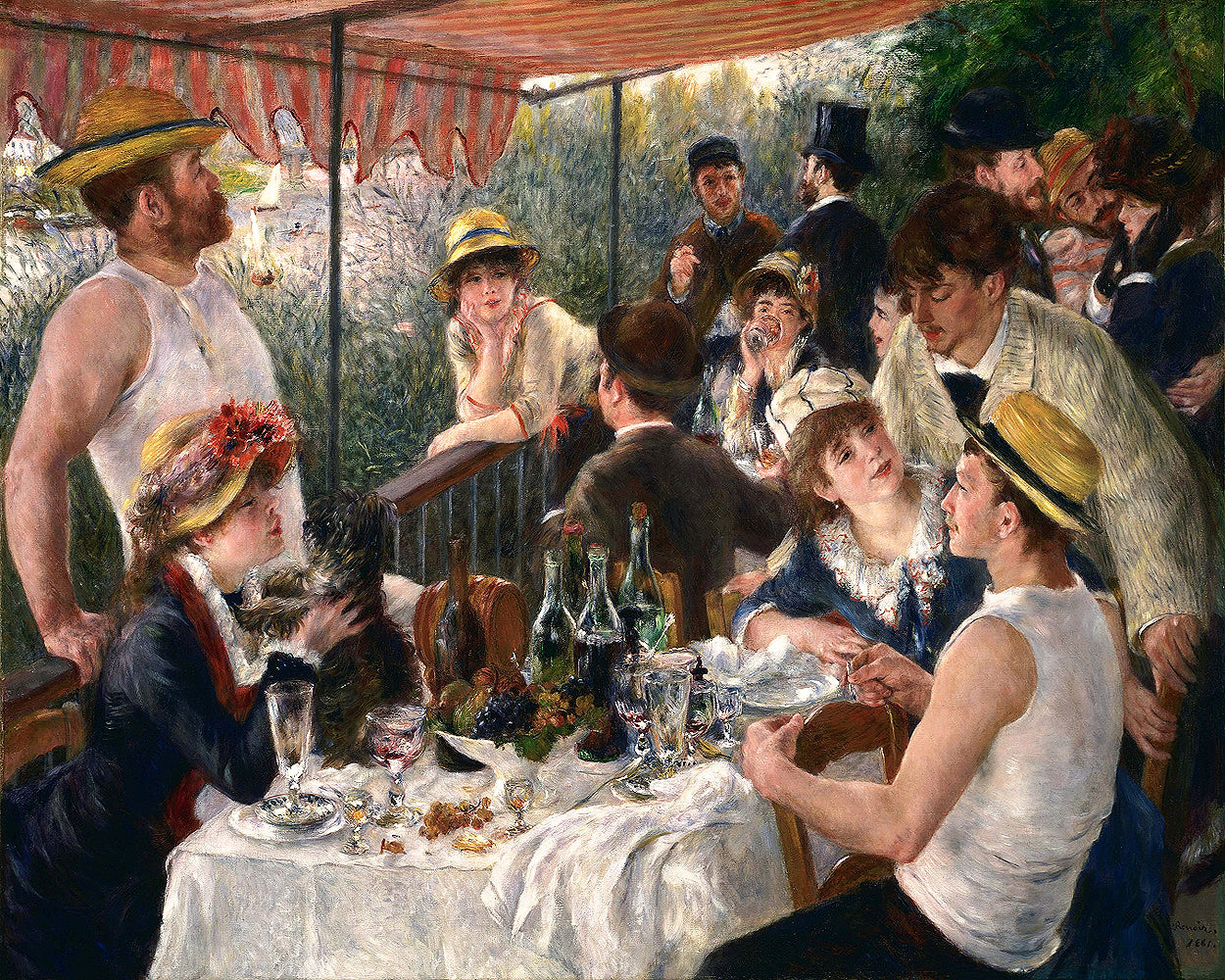A printed reproduction of Pierre-Auguste Renoir's painting 'Luncheon of the Boating Party', showing a group of people gathered around a table outdoors.