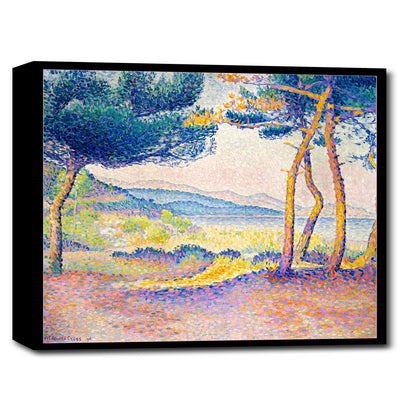 A framed print of a landscape featuring trees and a bright sky, with a visible Artists' signature.