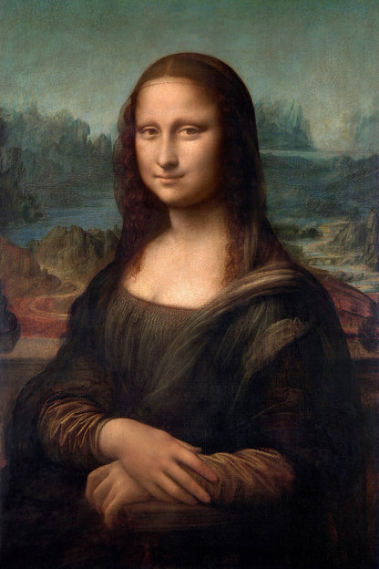 A framed print of Leonardo di Vinci's famous painting, the Mona Lisa, with a black border around the image.