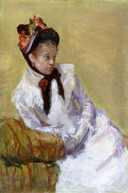 A framed print of a portrait painting featuring a woman seated in a chair, wearing a white dress and a decorative hat, with a plain black frame.