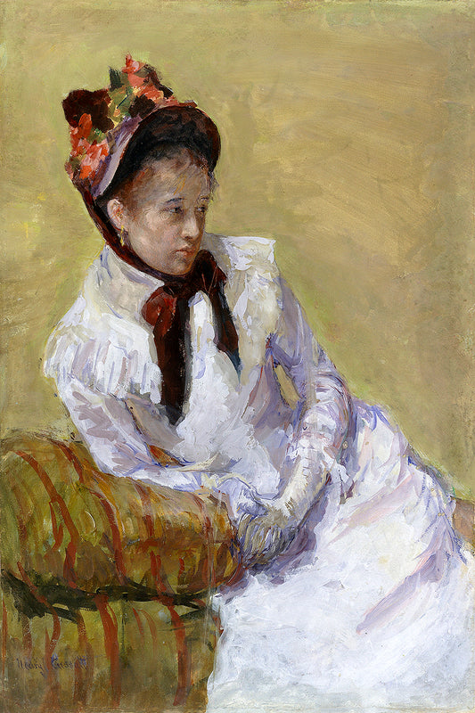 A framed print of a portrait painting featuring a woman seated in a chair, wearing a white dress and a decorative hat, with a plain black frame.