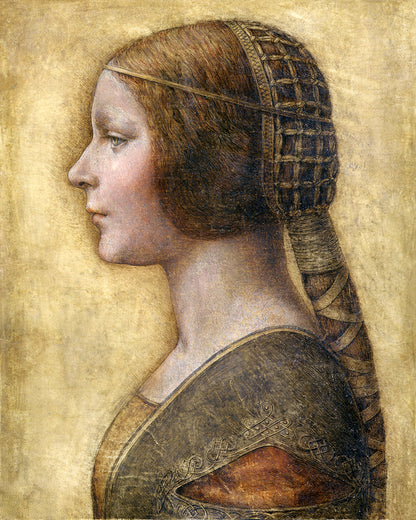 A framed print of 'Profile of a Young Fiancée' by Leonardo Di Vinci, depicting a portrait of a woman in profile wearing a detailed headdress.
