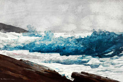 A framed print of a Winslow Homer painting depicting a breaking wave with a landscape in the background.