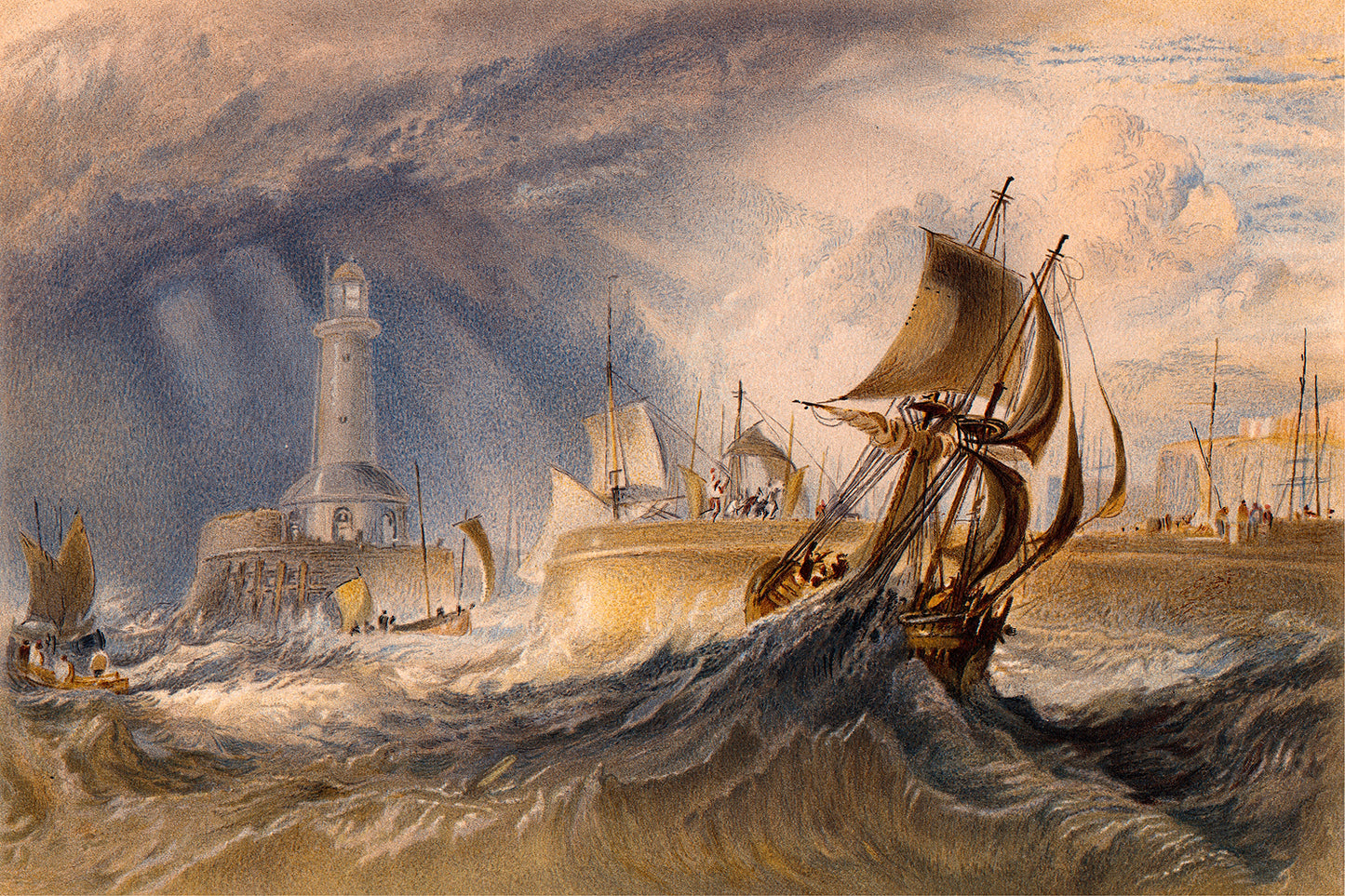 A framed print depicting a maritime scene with ships and a lighthouse, titled 'Ramsgate' by J.M.W. Turner.