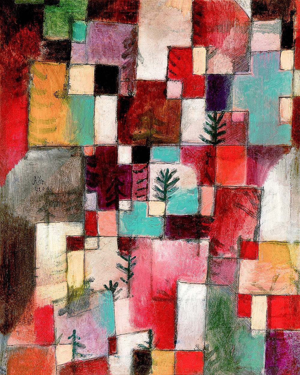 A framed artwork featuring an abstract composition with a variety of geometric shapes in red, green, and violet-yellow hues.