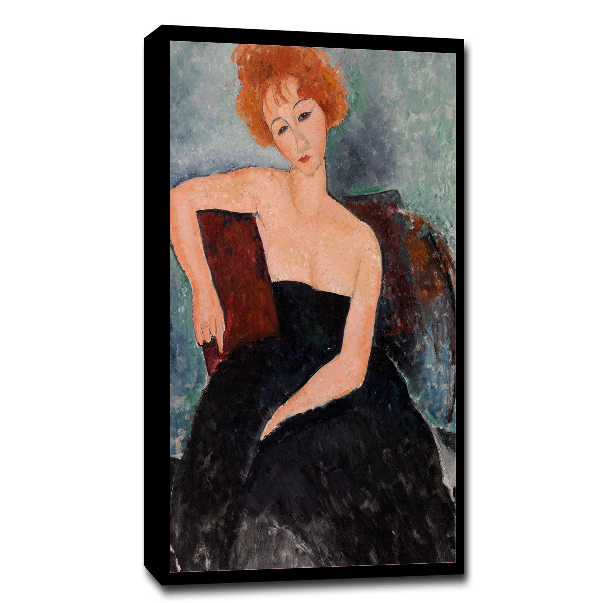 A framed painting of a red-headed girl in an evening dress by Amedeo Modiglian.