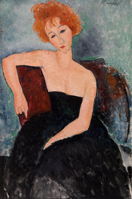 A framed painting of a red-headed girl in an evening dress by Amedeo Modiglian.