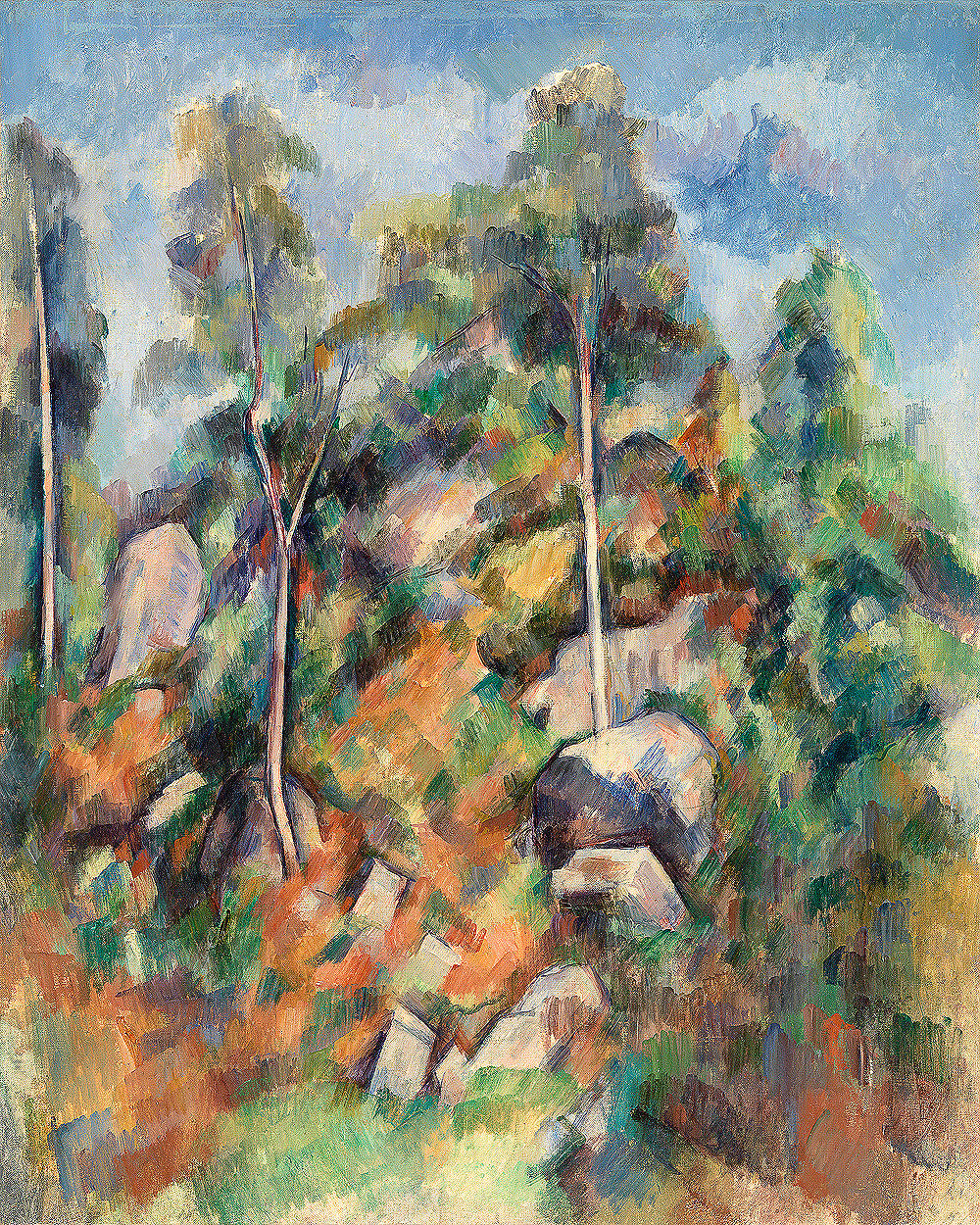 A framed print of 'Rocks and Trees' by Paul Cezanne, depicting a landscape with trees and rocks, with a black frame.