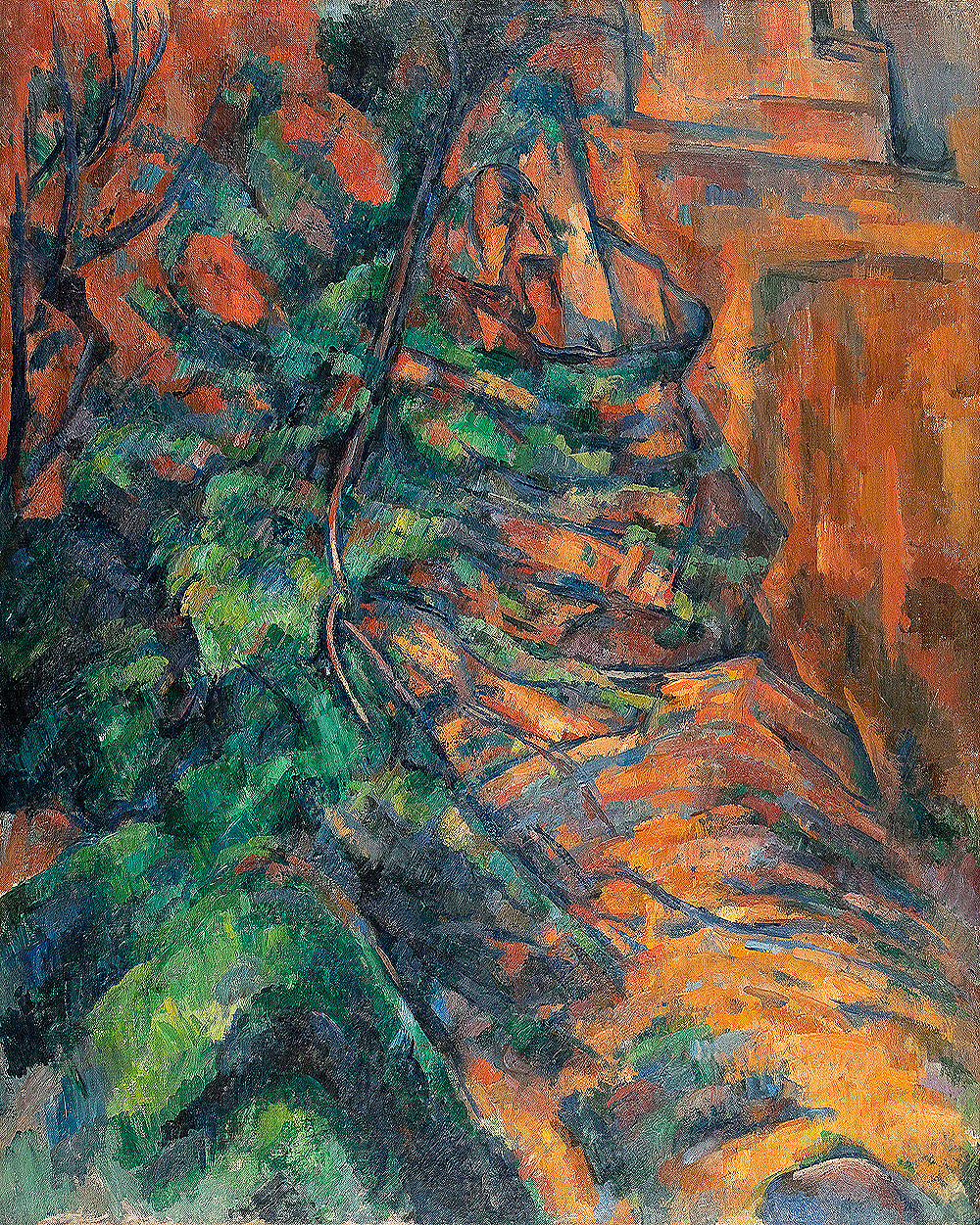 A framed print of a Paul Cezanne artwork featuring rocks and branches with a predominantly green and orange color palette, bordered in black.