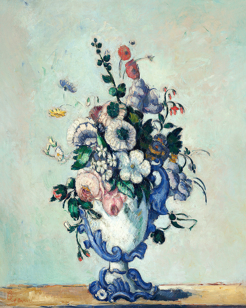 A digital print of a floral arrangement in a vase, with a visible blue border around the image, presented as a framed piece.