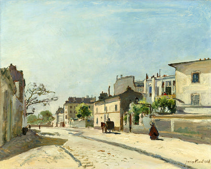 A framed print of a street scene in Paris with buildings and a clear blue sky.