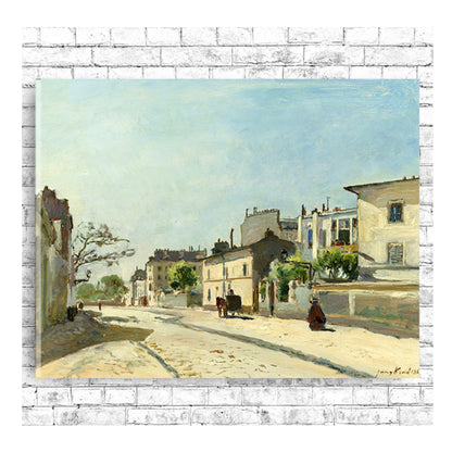 A framed print of a street scene in Paris with buildings and a clear blue sky.