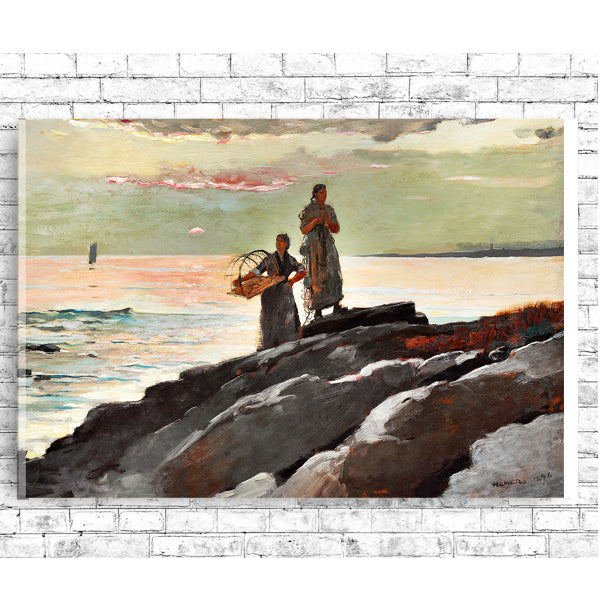 A framed print featuring two individuals on a rocky coastline with a boat in the distance, titled 'Saco Bay (1896)' by Winslow Homer.