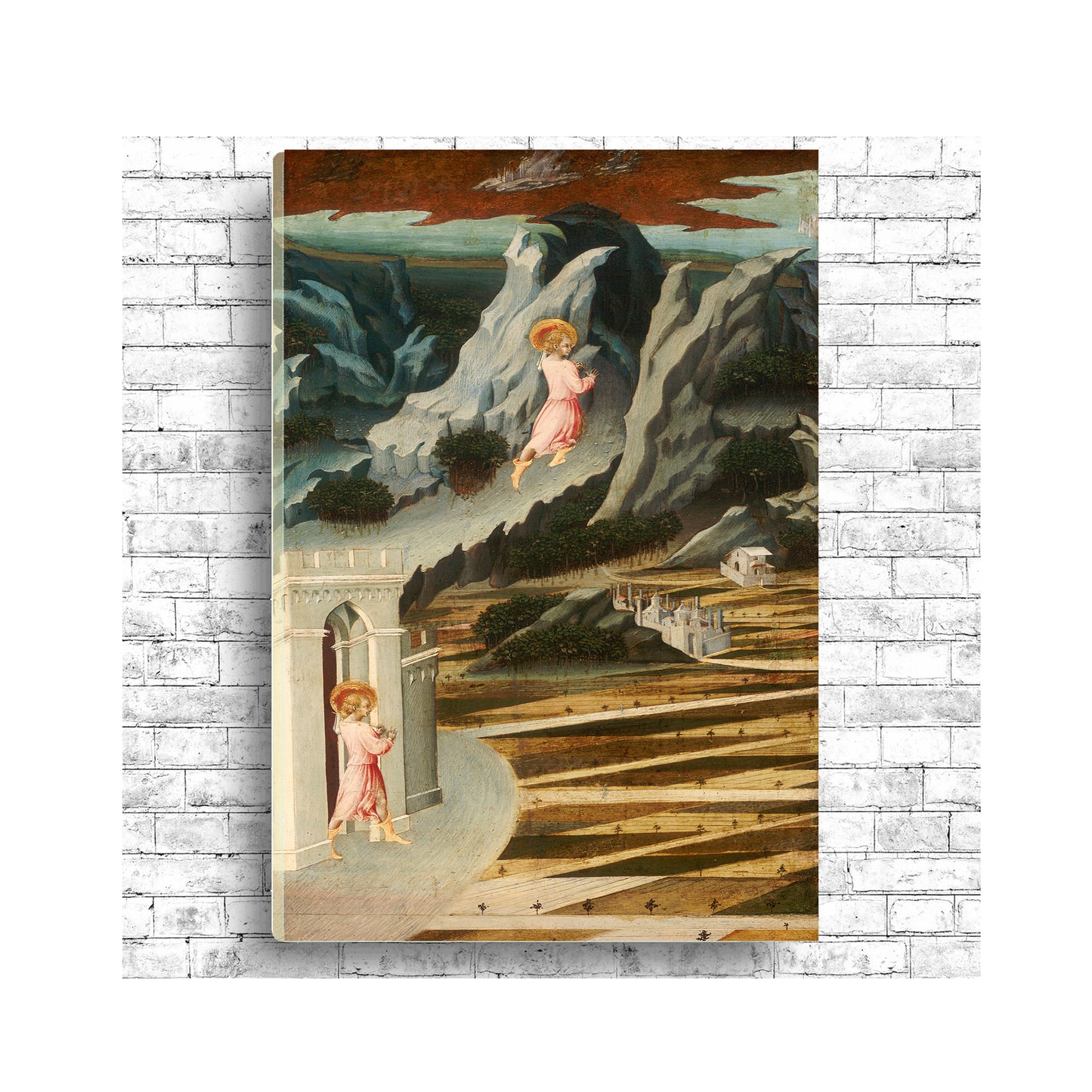 A framed print featuring a Renaissance painting with two figures in a landscape.