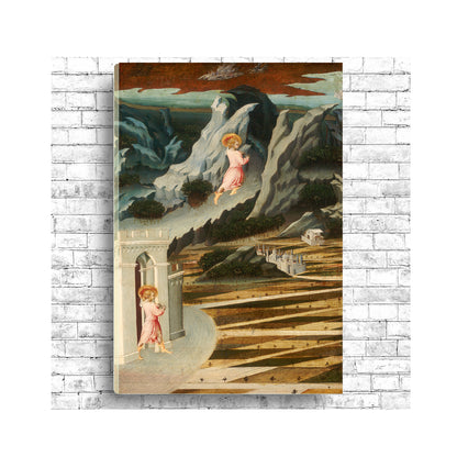 A framed print featuring a Renaissance painting with two figures in a landscape.