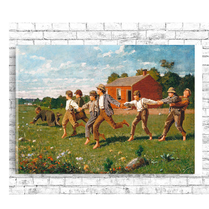 A printed art piece featuring a historical painting of several children playing with a dog in an outdoor setting, with a red house in the background.