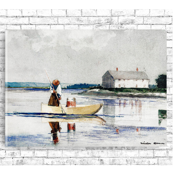 A framed print depicting a watercolor painting with a person in a rowboat on a calm body of water, titled 'Spearing Eels in late 1800' by Winslow Homer.