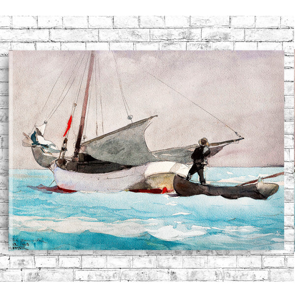 A framed print depicting a sailor on a small boat with a large sail in the background, capturing a sense of motion and drama.