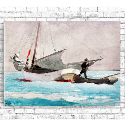 A framed print depicting a sailor on a small boat with a large sail in the background, capturing a sense of motion and drama.