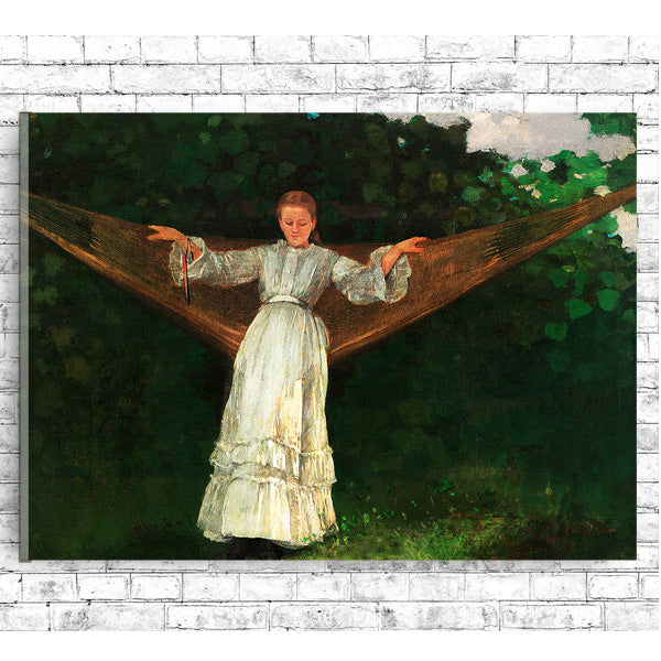 A printed art piece featuring a person standing with arms outstretched, set against a nature background. The person is wearing a light-colored dress, and the image has a black border.