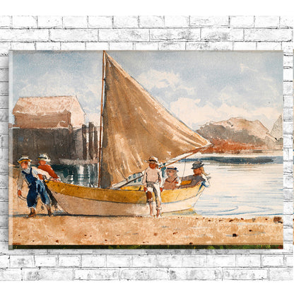 A framed print depicting a beach scene with a sailboat and figures on the shore.