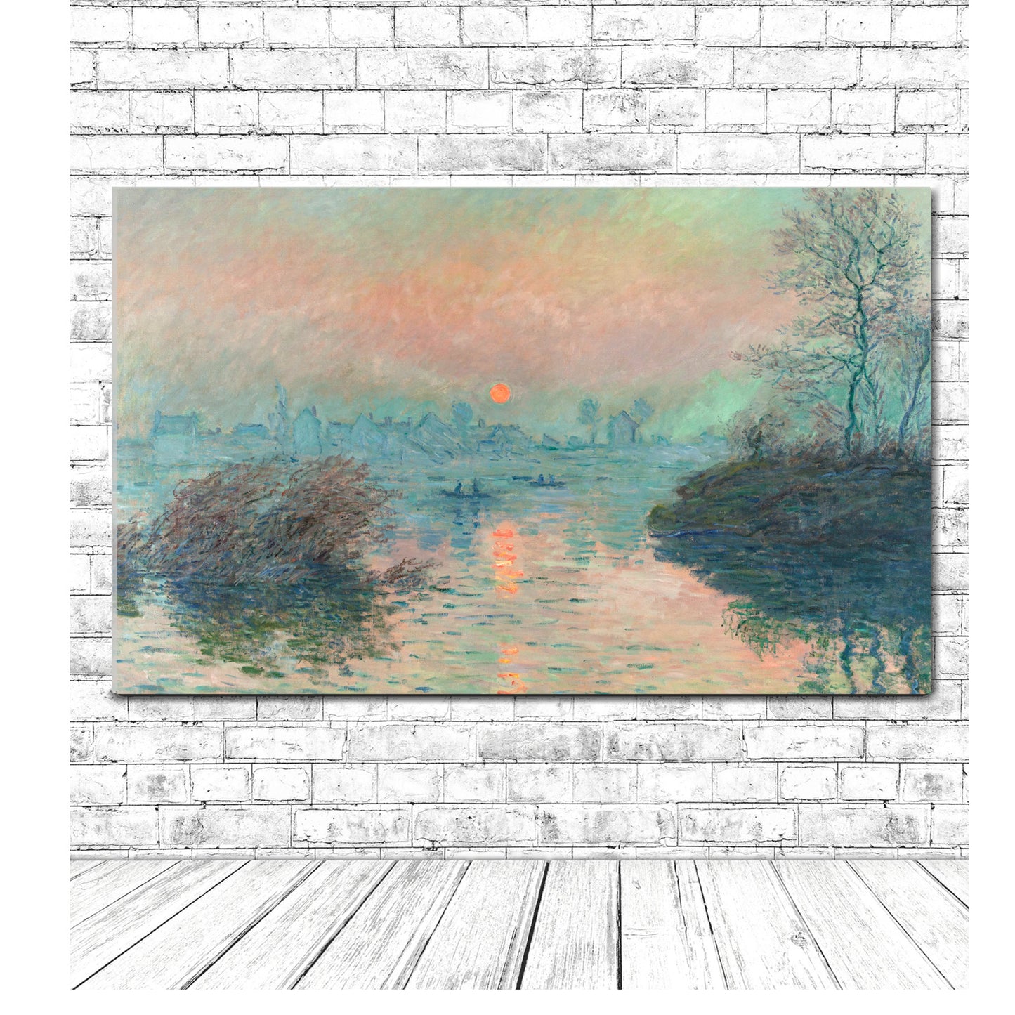 A framed print of a landscape painting depicting a sunset over a river with trees in the foreground.