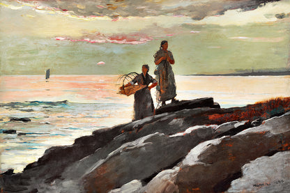 A framed print featuring two individuals on a rocky coastline with a boat in the distance, titled 'Saco Bay (1896)' by Winslow Homer.