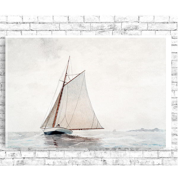 A framed print of a sailboat on the water, representing the artwork 'Sailing off Gloucester' by Winslow Homer.