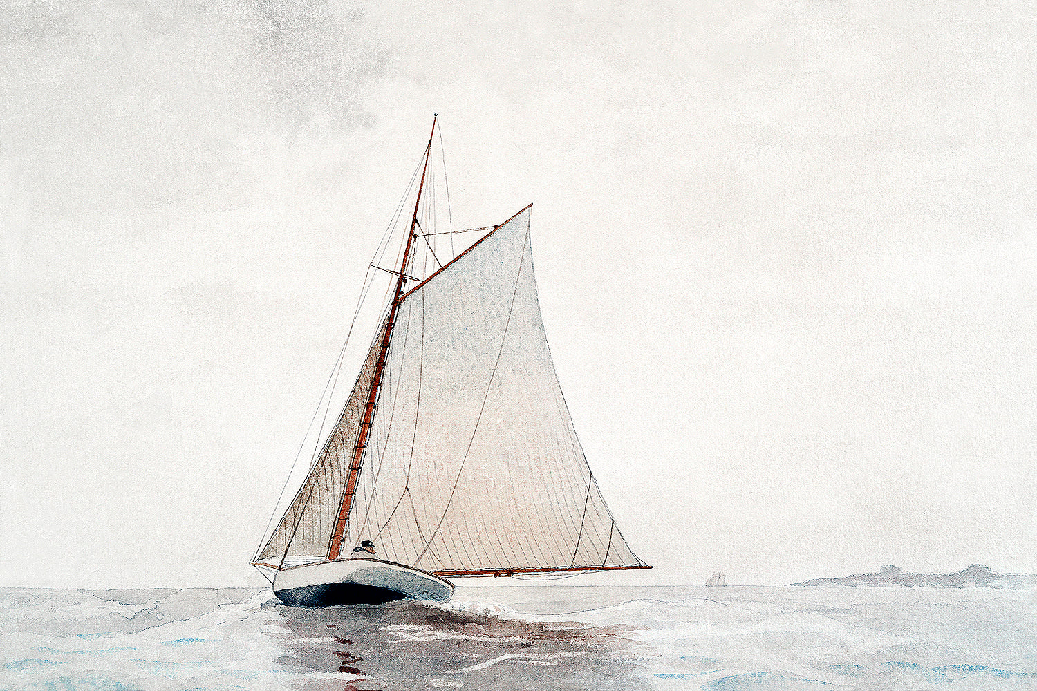 A framed print of a sailboat on the water, representing the artwork 'Sailing off Gloucester' by Winslow Homer.
