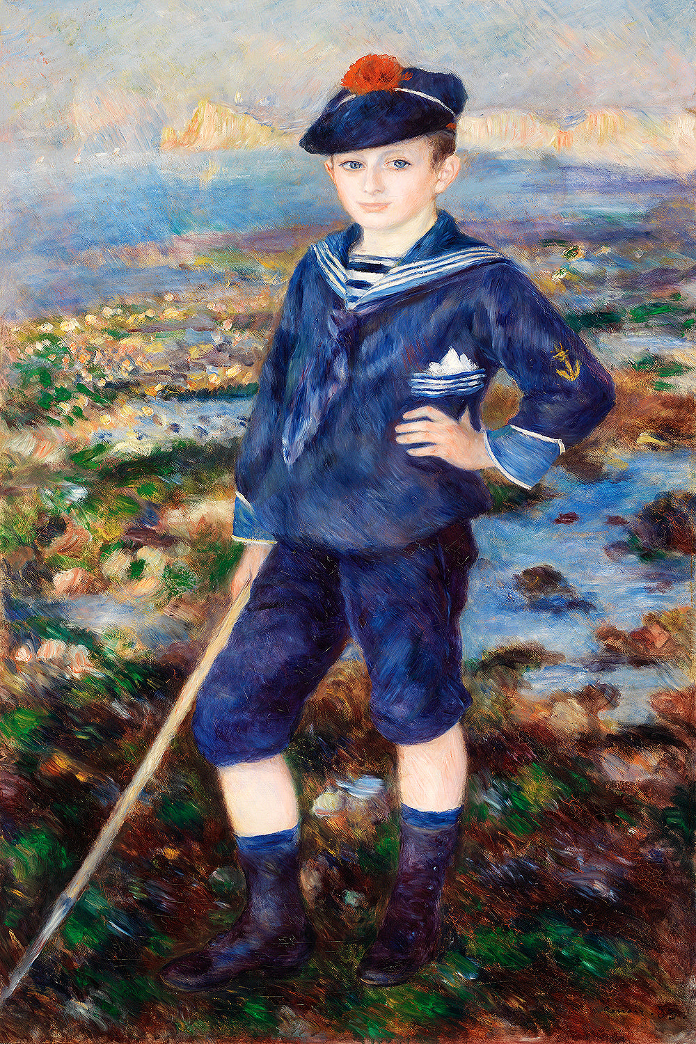 A printed artwork depicting a young boy dressed in a navy uniform, holding a stick, with a decorative background.