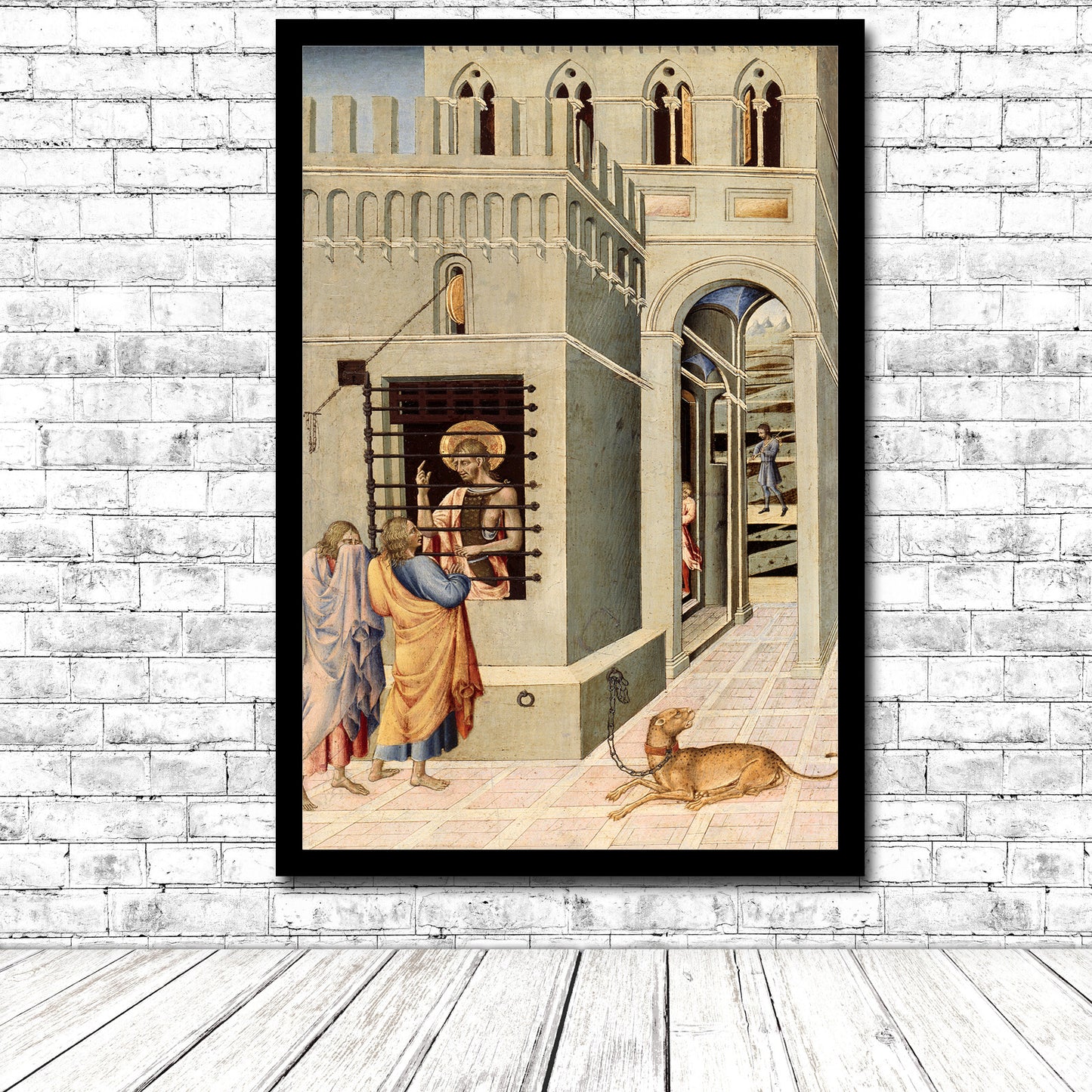 A printed artwork depicting a scene with figures in Renaissance style clothing, set in an architectural environment with a dog in the foreground.