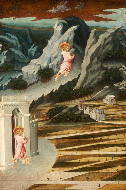 A framed print featuring a Renaissance painting with two figures in a landscape.