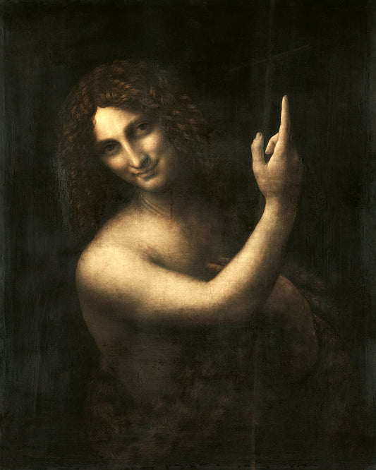 A framed print of 'Saint John the Baptist' by Leonardo Di Vinci, showing the subject with a finger pointing upwards, in a dark and moody portrait style.