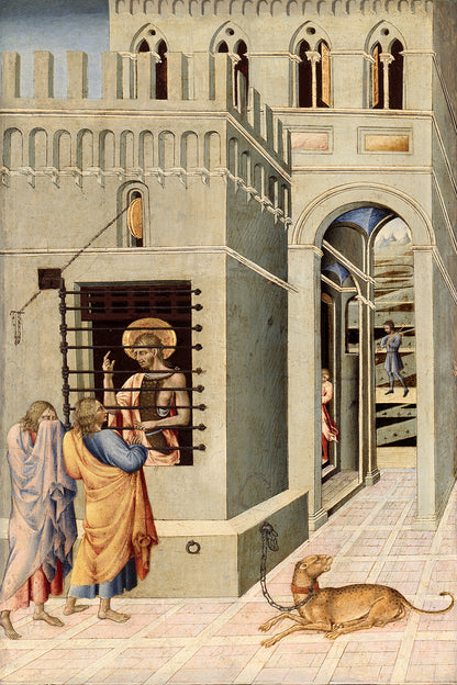 A printed artwork depicting a scene with figures in Renaissance style clothing, set in an architectural environment with a dog in the foreground.