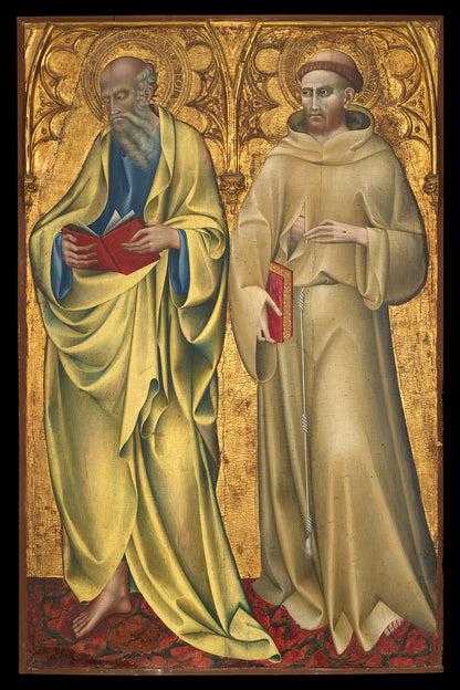 A printed artwork featuring two saints, Matthew and Francis, with a gold background and colorful robes, framed in a black frame.
